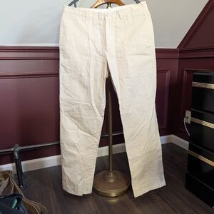 Brunello Cucinelli Linen Cream Leather Accent Cotton Cuffed Trousers 50 Italian